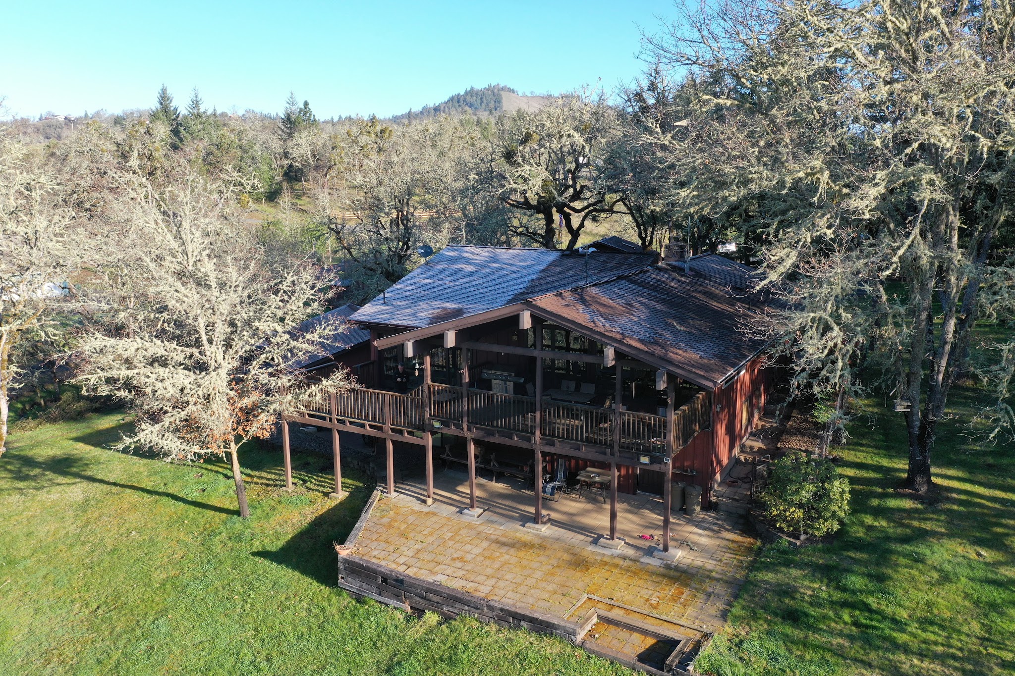 Aerial view of a completed rural residential landscaping project